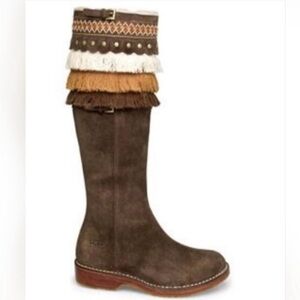 UGG Kiera 5547 Brown Suede Shearling Lined Fringed Cuff Boots Women’s Size 6.5